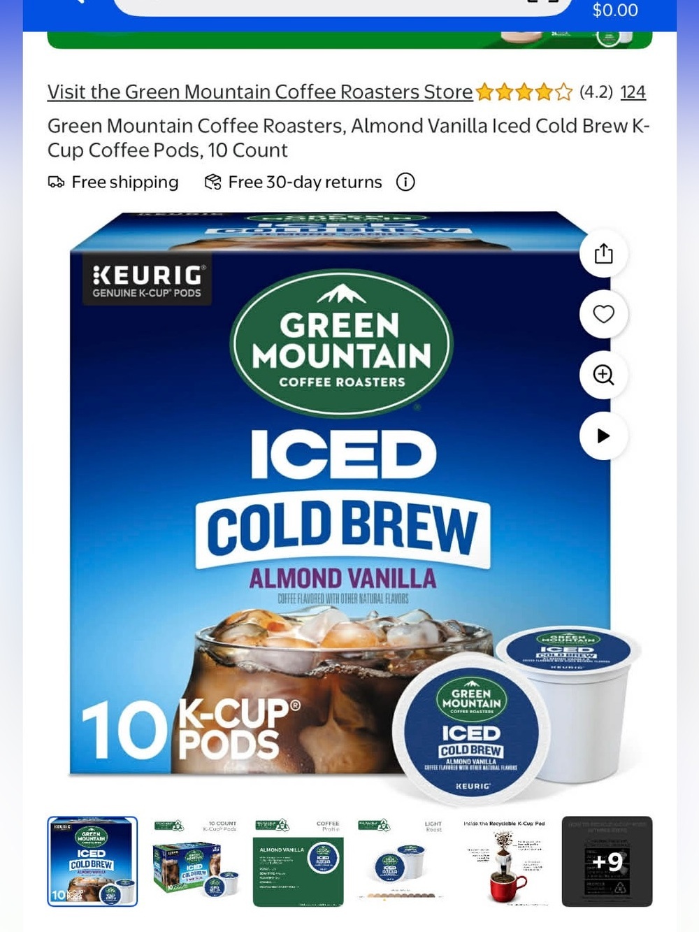 Keurig Green Mountain Iced Cold Brew Almond Vanilla Blue Box 10 COUNT